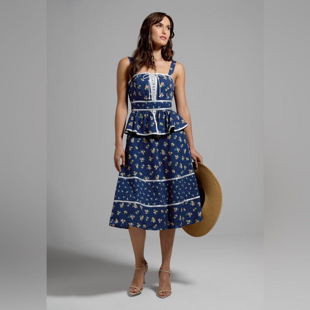 NWOT Gunne Sax x ModCloth Twirling Moments Blue Floral Peplum Dress S